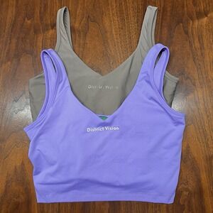 2 x District Vision (S) Twin Layer Long Line Sports Bra Crop Purple Brown